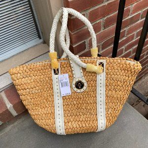 NEW Michael Kors Large Summer Woven bag with white leather straps and accents -